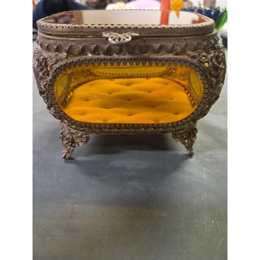 Vintage Ormolu Filigree Amber Glass Beveled Casket Jewelry Box Tufted Silk Base
